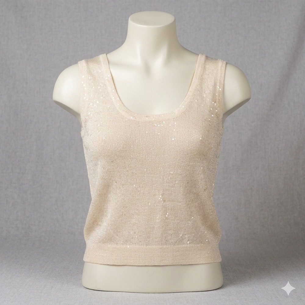 St. John Knit Tank Top Party Womens 14 Champagne Sequin Metallic Scoop Neck